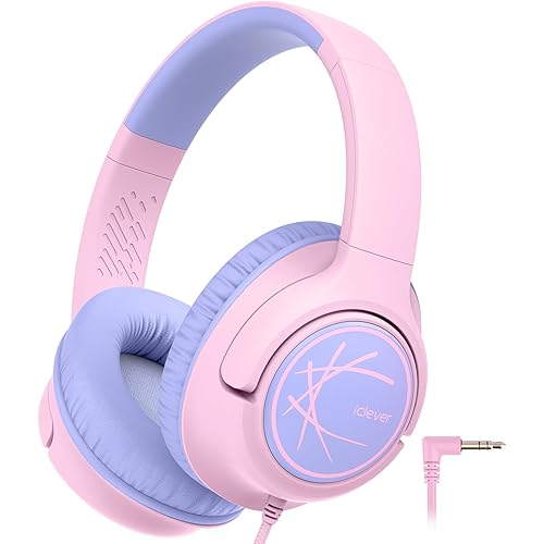 iClever Kids Headphones Wired, 85dBA Safe Volume Wired Headphones for Kids, Stereo Sound Foldable Adjustable, 3.5mm Jack, Ove