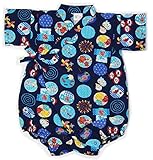 赤ちゃん男の子ロンパース甚平 70cm・80cm 紺/白色生地に祭り柄 日本製 (80cm, 紺)