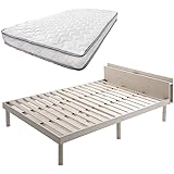 タンスのゲン 【マットレス付】 すのこベッド ポケットコイル ダブル 天然木 スマホスタンド 2口コンセント ブックシェルフ 3段階高さ調節 耐荷重:約200kg マットレス 極厚19cm 高密度 コイル数682個 圧縮梱包 ベッド：ホワイト マット
