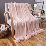 MKXI Ballsソリッドブランケット、かぎ針編みニットかわいいベッドスプレッドCozy毛布のガールズ大人 59"x79" ピンク MK057PK