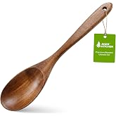AIUHI Wooden Cooking Spoon, Kitchen Essential Wooden Spoon for Cooking, Extended Handle Teak Wood Serving Spoon for Mixing, B