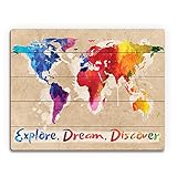 Explore Dream Discover the Worldレインボー水彩画のGlobeフラットmap-shapes on parchment-pattern壁アートプリント 9x12 TRV00