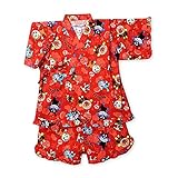 (レッド/80cm) ベビー服 女の子 甚平 アンパンマン 綿100％ ドビー織 和柄 キャラ総柄プリント フリル付 上下組セット 女児 ベビー