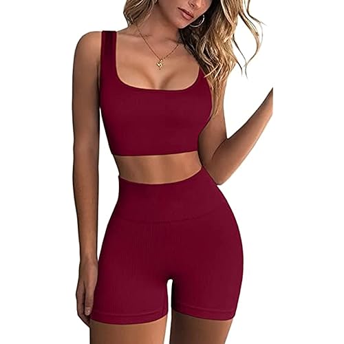 fatty tiger Ribbed Workout Sets for Women 2 Piece Gym Outfits Crop Tops High Waist Running Shorts Yoga Activewear