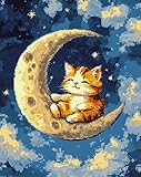 かわいい子猫 クロスステッチクロスステッチ キット,月に座る猫 クロスステッチキットスタンプ済み刺繍スターターキット初心者向けDIY,40x50cm/11CT