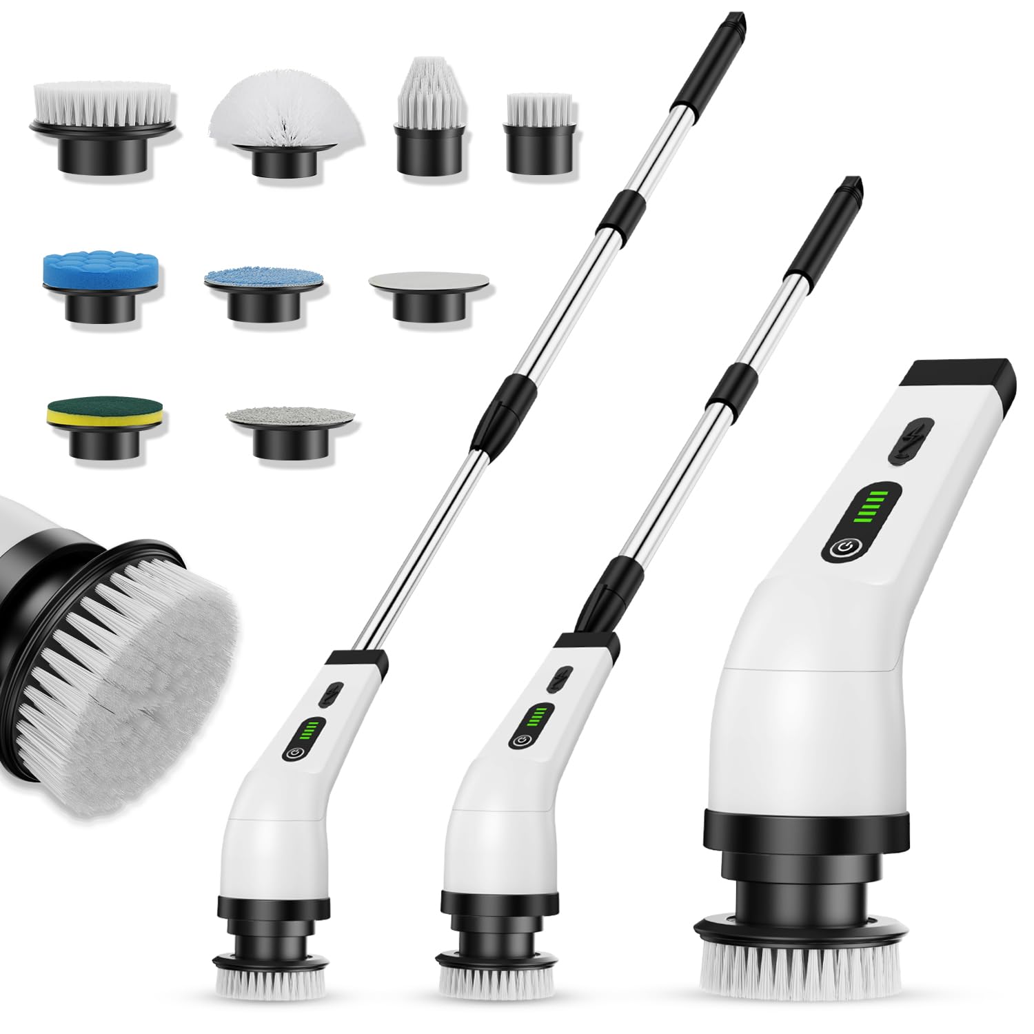電動お掃除ブラシ お風呂掃除 ブラシ バスポリッシャー ターボプロ 浴室掃除用ブラシ 【9 種類ブラシヘッド付属】 手持ち式 残量表示 2 段階回転速度 スピンスクラバー プロ仕様 腰に優しい 長さ伸縮可能 (15CM-115CM) 多シーン対応 T