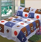 Fancy Collection 2 Pc Twin Size Bedspread Sport White Blue Brown Basket Ball Base Ball Foot Ball New