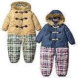 (ネイビー/80cm)ベビー服 男の子 アウター ジャンプスーツ 中綿 裏フリース ボア切替 撥水加工 重ね着風 ダッフル チェック切替 男児 ベビー