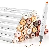 マーカーペン 筆タイプ 肌色系 24色 Ohuhu 筆・太字 イラストマーカー スキンカラー ブレンダーペン付き 茶色系 人物を描く アルコールマーカー イラスト 髪色 肌色 顔色