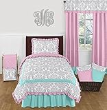 Skylar Luxury Turquoise Blue, Pink Polka Dot and Gray Damask 4 Piece Girls Twin Bedding Set [並行輸入品]