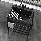 業務用 シンク 1槽式 フリースタンディングステンレスユーティリティシンクランドリーシンク 流し台 ステンレス製 フリースタンディングブラックキッチンシンク スタンド付きポータブル手洗いステーション シングルボウルキッチンシンク 犬の入浴用屋外シンクステーション、ガレージ (Size : 60x45 cm)