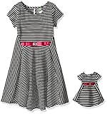 Dollie & Me Little Girls' Short Sleeve Striped Knit Dress with Pink Bow Detail Black/White 6 [並行輸入品]