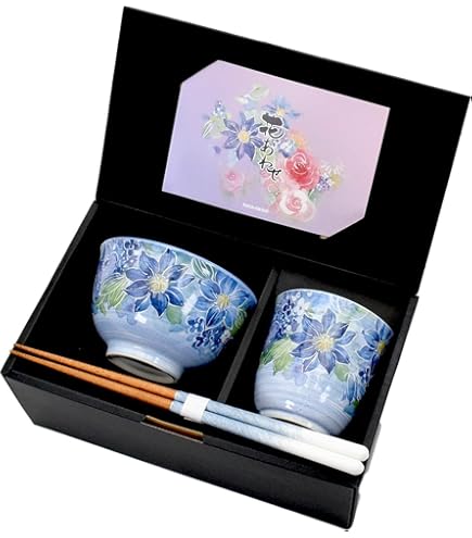 Amazon｜セラミック藍 花あわせ 飯碗湯呑 バラ 若狭塗り箸付 02592