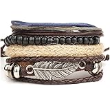 LORJE Mix 4 Wrap Men Bracelets, Hemp Cords Wood Beads Ethnic Tribal Bracelets Cuff Bracelets, Leather Wristbands Cool Bracele