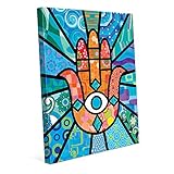 キルト風手レッドonブルー: Mahsa Khamsa Hamesh Lucky Hand Cartoonグラフィック図面でポストモダンレトロペイズリーパターン壁アートプリント 8x10 ABS000