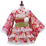 922771D 花毬(レッド) 浴衣ドレス 子供 ベビー 浴衣 女の子 選べる17柄 5点セット ゆかた 夏祭り 花火大会 キッズ [リトルプリンセス] Little Princess コサージュ有 