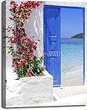 従来Greekドアwith a Great View on Santorini島、ギリシャ用紙印刷壁アートギャラリーWrappedキャンバスアート 40in. x 30in.