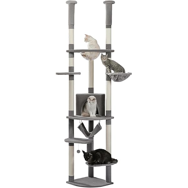 新品キャットタワー突っ張りグレー全面麻紐ハンモック付き