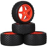 Mxfans 4個入れ 円柱柄 ラバー タイヤ & プラスチック 五芒星 ホイールリム RC 1:10 オフロード車のため (ブラック&レッド)