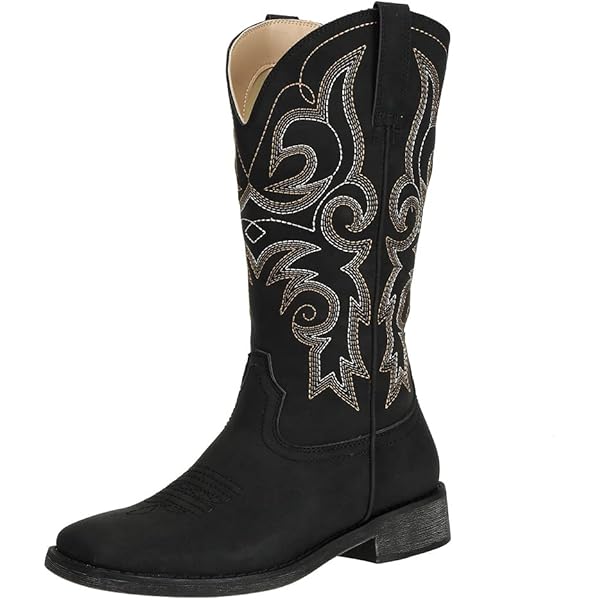 Aachcol Women Western Cowboy Boots - Suede Chunky Heel Pull-On Mid Calf
