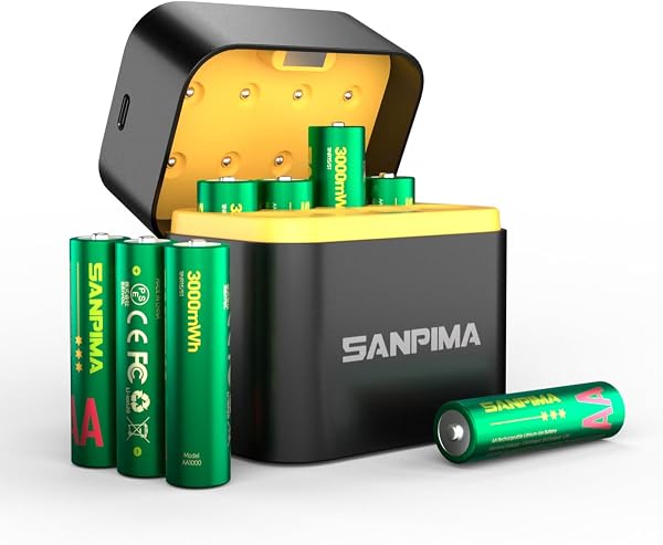 SANPIMA 単3形リチウム充電池8本 1.5V 大容量3000mWh/2000mAh 急速充電器付き 約1600回充電可能 1-8本同時充電 2.5時間充電 自然放電抑制 - 1