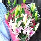 大輪ピンクのオリエンタル百合５本およそ２５輪の花束