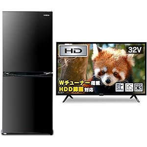 【2点セット買い】アイリスオーヤマ 冷蔵庫142L ブラック + 32V型 液晶テレビ