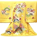 【お宮参り着物】【黄色地系 毬に松竹と四季の花の柄】女の子 手描友禅 金駒刺繍 正絹【風呂敷プレゼント/ギフト対応】