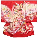 お宮参り　着物　女の子　正絹女児初着　赤　花車　刺繍使い　桜地紋