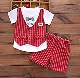 Wanghongセットアップ　ベビー　男の子　2点セット　Tシャツとズボン　半袖　ベスト　チェック柄　子供服　キッズ　赤ちゃん　フォーマル スーツ　上下セット　リボン　出産祝い　セレモニー　結婚式　七
