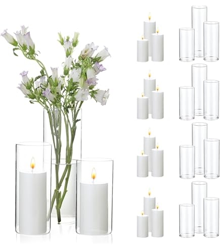 Shihanee 18-Set Pillar Candle & Glass Vase Kit - 3 Sizes (4.7", 7", 9.8"), Ivory Candles, Clear Cylinders