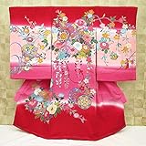 【花と鼓・毬・赤ピンクぼかし】 女児　初着　祝着 のしめ 産着 女の子のお宮参り着物 高級 フードセットプレゼント付