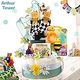 ラトル+靴下+列車で遊べるパズルまで！超豪華オムツケーキ★クマさん達の『アーサー・タワー』３段ダイパーケーキ S