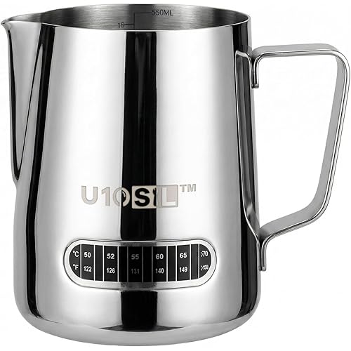 U10SIL 600ml Stainless Steel Milk Frothing Jug with Built-in Thermometer - Dual Measurement Marks (ml/oz) and Real-Time Dual 