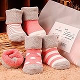 Sawors ベビー 赤ちゃん 乳幼児 ソックス かわいい靴下 厚手 柔らかい 秋冬 ムール用 保温ソックス ストライプ ルームシューズ ファーストシューズ 4足セット (6ヵ月~12ヵ月, B：女の