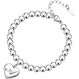 Estendly Initial Heart Charm Bracelets 6mm Stainless Steel Beads 26 Letters Bracelet for Women Birthday Gifts