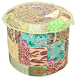 Stylo文化Indian Vintage Poufオットマンスツール足カバーラウンドパッチワーク刺繍Pouffe Ottomanカバーグリーンコットンフローラル従来家具Footstool Seatパ