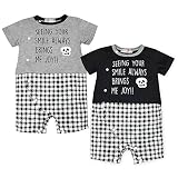 (グレー/80cm)ベビー服 男の子 ロンパース カバーオール 半袖 重ね着風 モノトーン チェック柄 スカルアップリケ ロゴプリント 前開き スナップボタン 男児 ベビー