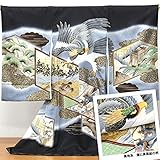 【お宮参り着物】 【黒地系 鷹に屏風絵の柄】男の子 正絹 友禅 刺繍【風呂敷プレゼント/ギフト対応】