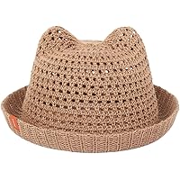 グレー ストローハット キャット型耳付き ネコ耳 麦わら帽子 キッズハット ストローハット 猫耳 帽子