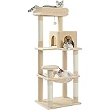PETEPELA(ぺテぺラ) キャットタワー 猫タワー スリム 大型猫 据え置き 省スペース 登りやすい ハンモック 見晴台 ねこハウス ボンボン 天然麻紐 爪とぎ 運動不足解消 多頭飼い ベージュ 高さ143cm