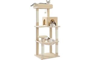 PETEPELA(ぺテぺラ) キャットタワー 猫タワー スリム 大型猫 据え置き 省スペース 登りやすい ハンモック 見晴台 ねこハウス ボンボン 天然麻紐 爪とぎ 運動不足解消 多頭飼い ベージュ 高さ143cm