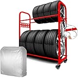 MEICHEPRO タイヤラック タイヤスタンド 2段式タイヤラッセット 8本タイヤ収納 耐荷重200kg幅111.5cm×奥行38cm×高さ103.5cm タイヤラック(レッド)+カバー+キャスター (レッド)