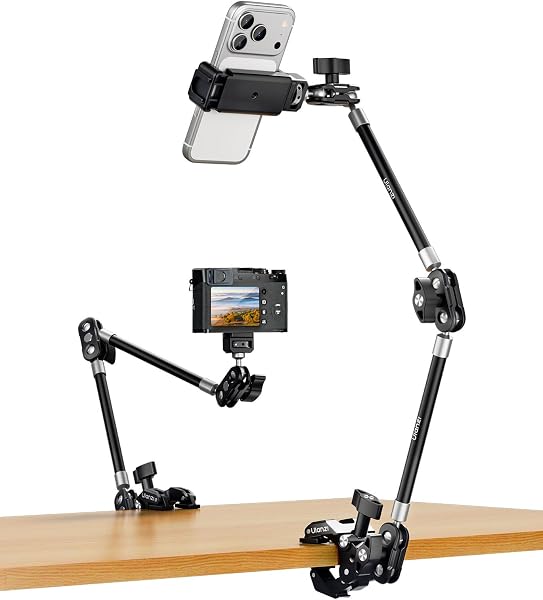 Ulanzi 38.5cm カメラマウント アーム+クランプ マジックアーム 二段式 スーパークランプ スマホホルダー付き カメラモニターマウント 耐荷重1KG 金属製 関節式アーム 角度調整 1/4インチネジ穴 ARRI対応 俯瞰撮影 関節アーム カメラアームスタンド ライト/ウェブカメラ/マイク/アクションカメラ撮影用 - 1