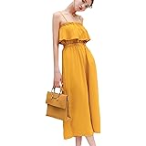 [JIANGWEI] レディース サロペット オールインワン ワイドパンツ キャミソール セットアップ風 肩紐 調節 シフォン イエロー 二次会 かわいい