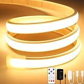 Lamomo COB LEDテープライト5M、高輝度電球色ネオンチューブ、屋外防水てーぷらいと、調光可能、リモコン付き | IP65、自己粘着性、クイックコネクト、柔軟なシリコーン、3000K、DIY切断可能（5cm/カット）、店舗装飾/インドア/寝