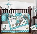 Sweet Jojo Designs Turquoise Blue Gray and White Mod Elephant 9 piece Crib Bed Bedding Set with Bump