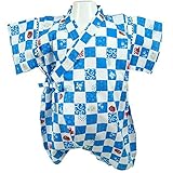 国産生地 お祭り 市松柄 甚平ロンパース 綿100% サックス◇80cm