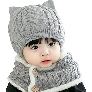 [ミャオッティ] ベビー帽 ネックウォーマー セット あったか ニット帽 耳付き 赤ちゃん 帽子 マフラー 6色 フリー…