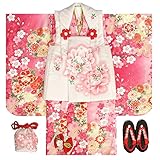 七五三　着物　被布セット　3歳　女の子　マユミ　濃淡ピンク地　被布淡いピンク　刺繍桜　足袋付き